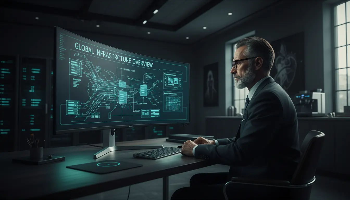 Developer working at dual monitors in a modern office